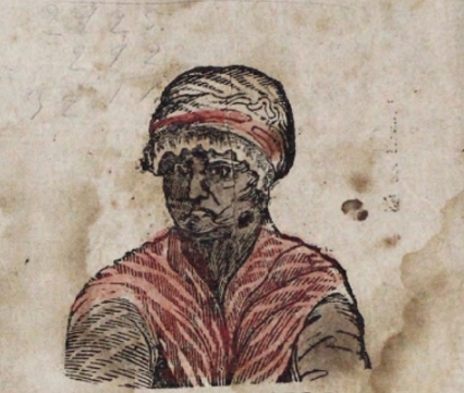 Illustration en couleurs sur un vieux papier taché d’eau de la tête et des épaules d’une femme noire portant un châle rouge et un bonnet blanc avec une bande rouge autour.
