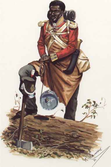 Dessin en couleurs d’un soldat noir portant un uniforme militaire britannique de 1812 avec un pied posé sur un rondin. Il tient un récipient d’eau circulaire, et l’on voit une hache avec un chapeau militaire appuyée sur le rondin.