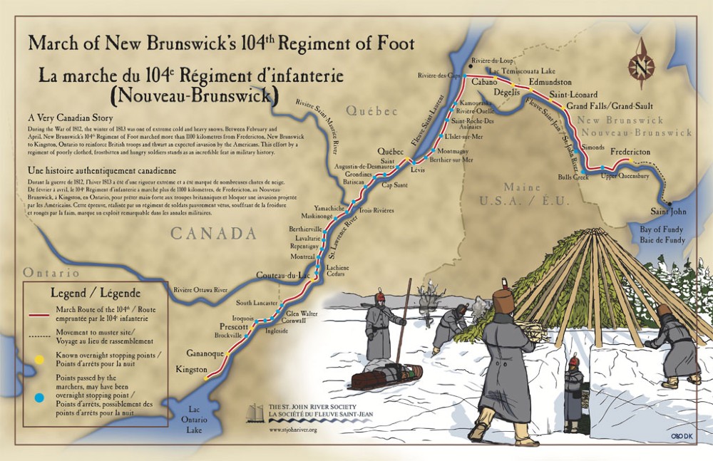 Carte illustrée montrant le trajet suivi par le 104e Régiment d’infanterie lors de sa marche de Fredericton (Nouveau-Brunswick) à Kingston (Ontario) en 1813. On y voit une illustration de soldats en hiver construisant une hutte.