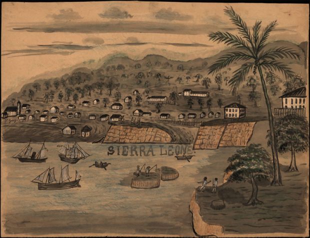 Dessin d’un havre avec des arbres et de petites maisons sur la terre ferme et des bateaux dans le port. Une inscription sur le dessin mentionne Sierra Leone.