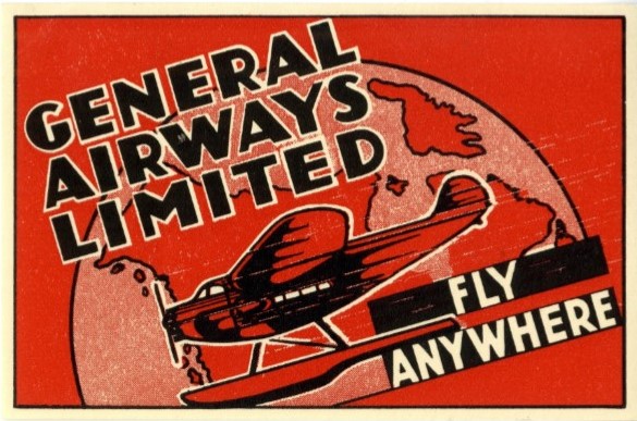 Illustré blanc, rouge et noir avec plan flottant, carte du nord du Canada et mots General Airways Limited; Fly Anywhere imprimé dessus.