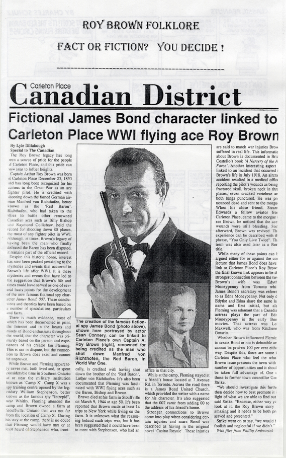  Copie d’un article de la Canadian Gazette de Carleton Place comparant la vie de Roy Brown et le personnage de James Bond. 