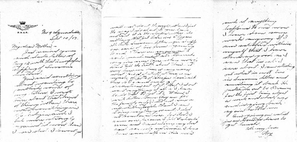Photocopie en noir et blanc d'une lettre manuscrite. Sur le haut du coin gauche de la première page se trouve un logo d'un oiseau volant portant une couronne avec les lettres RNAS ci-dessous