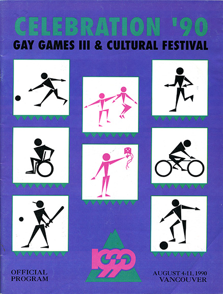  Couverture couleur du programme officiel Celebration '90 Gay Games III & Festival culturel. Publication agrafée de 77 pages, 1/2 pouces par 11 pouces.