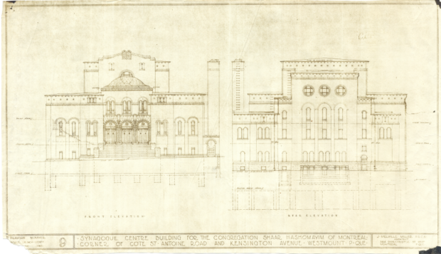 Dessin architectural de l’édifice Shaar Hashomayim à Westmount, de face et de l’arrière.