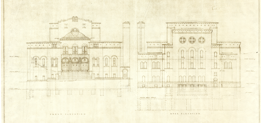 Dessin architectural de l’édifice Shaar Hashomayim à Westmount, de face et de l’arrière.