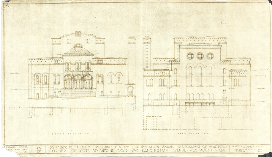 Dessin architectural de l’édifice Shaar Hashomayim à Westmount, de face et de l’arrière.
