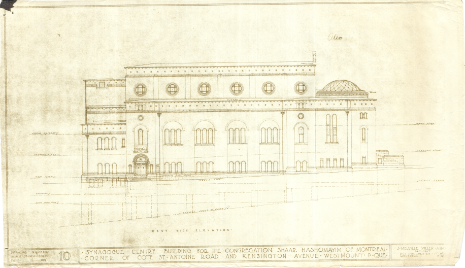 Dessin architectural de l’édifice Shaar Hashomayim à Westmount, vue de côté.