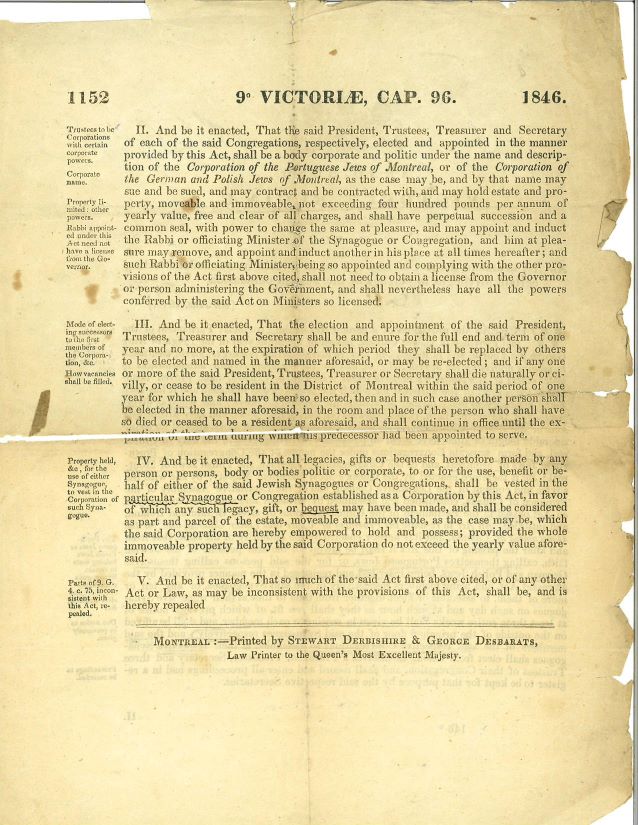 Deuxième page de la Loi du Bas-Canada qui a créé officiellement la Shaar Hashomayim en 1846.