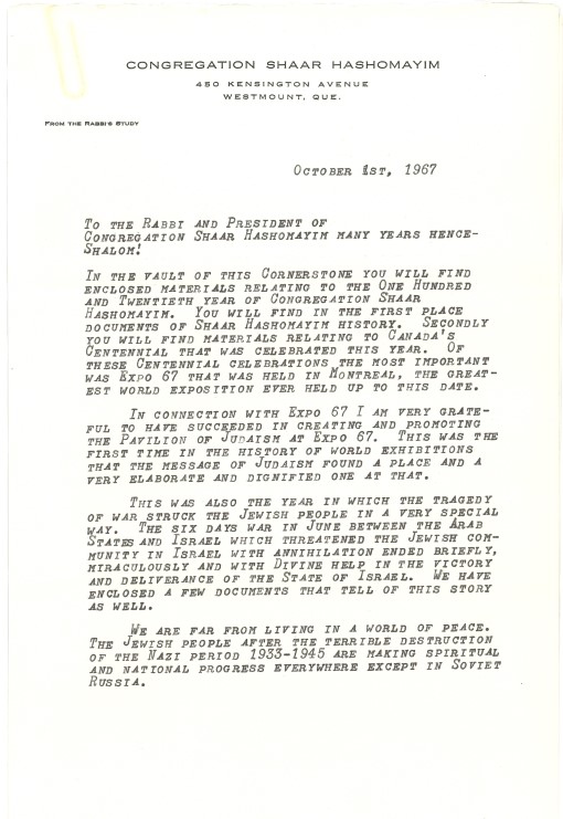 Une lettre en anglais tapée à la machine et écrite par le rabbin Wilfred Shuchat et datée du 1er octobre 1967.