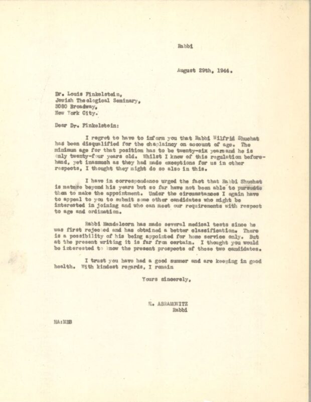 Une lettre en anglais du rabbin Herman Abramovitz au Dr Louis Finkelstein.