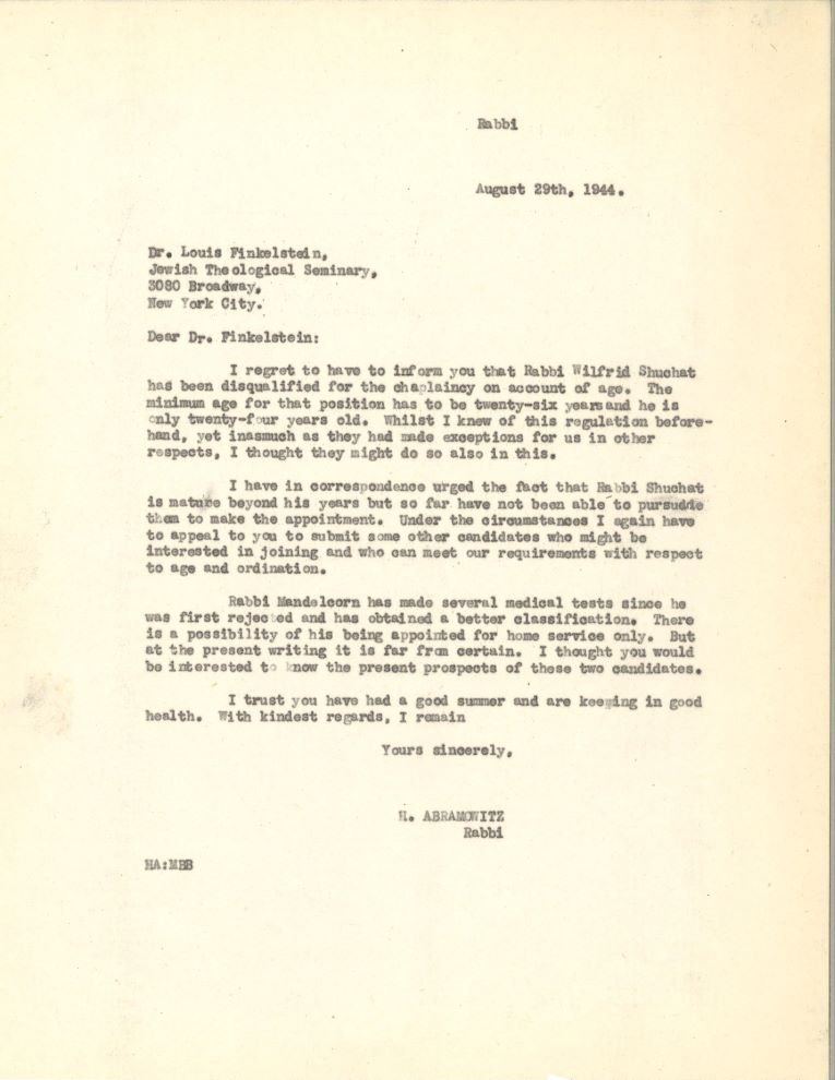Une lettre en anglais du rabbin Herman Abramovitz au Dr Louis Finkelstein.