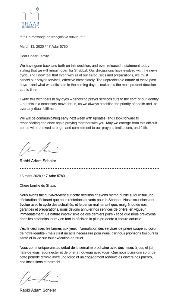 Une lettre du rabbin Adam Scheier en anglais et en français annonçant la fermeture de la synagogue en raison de la pandémie covid-19.