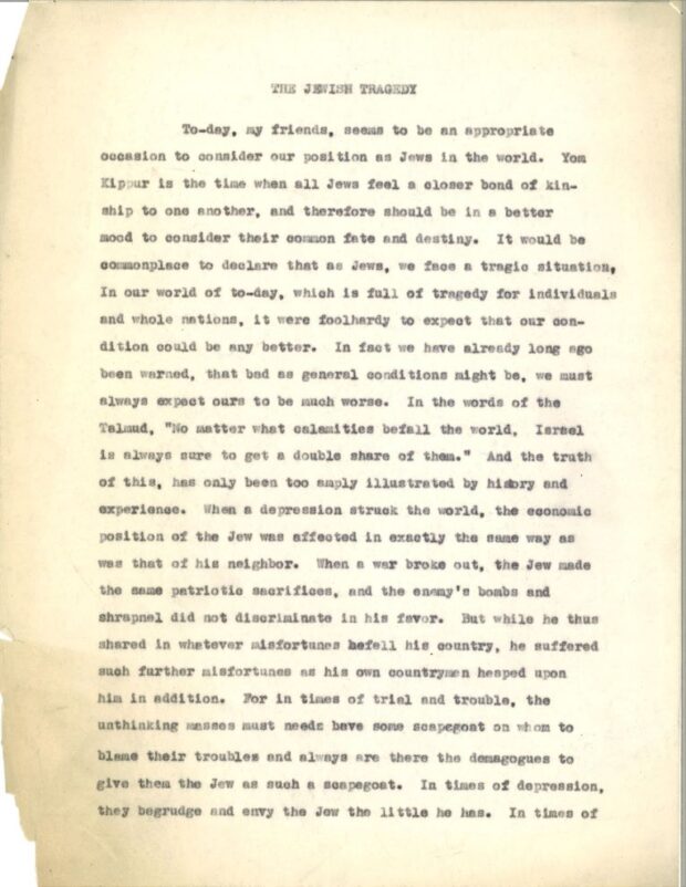 La première page en anglais d’un sermon du rabbin Herman Abramowicz intitulée « La tragédie juive ».
