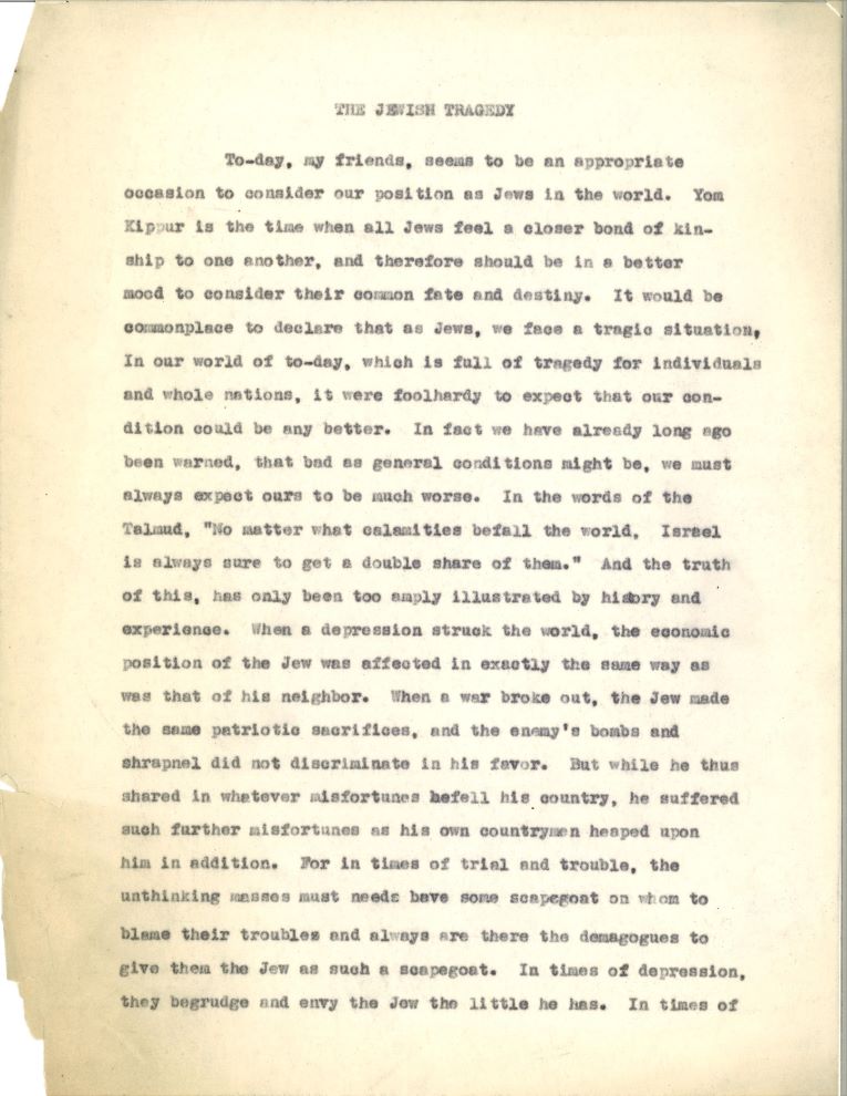 La première page en anglais d’un sermon du rabbin Herman Abramowicz intitulée « La tragédie juive ».