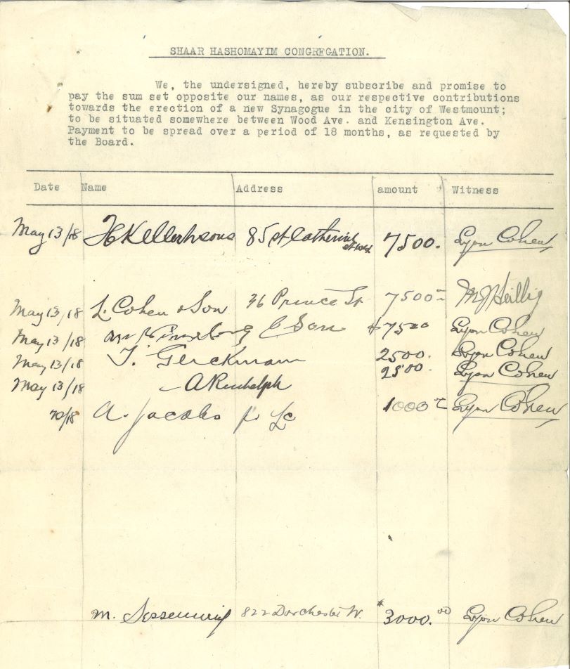 Document en anglais énumérant les noms des membres de la synagogue et leur engagement financier pour payer le nouveau bâtiment à Westmount.