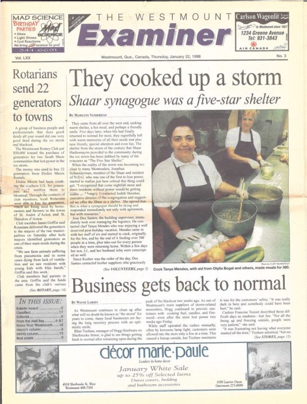 Un article de journal en anglais à propos de la réponse de la synagogue à la tempête de verglas en 1998.
