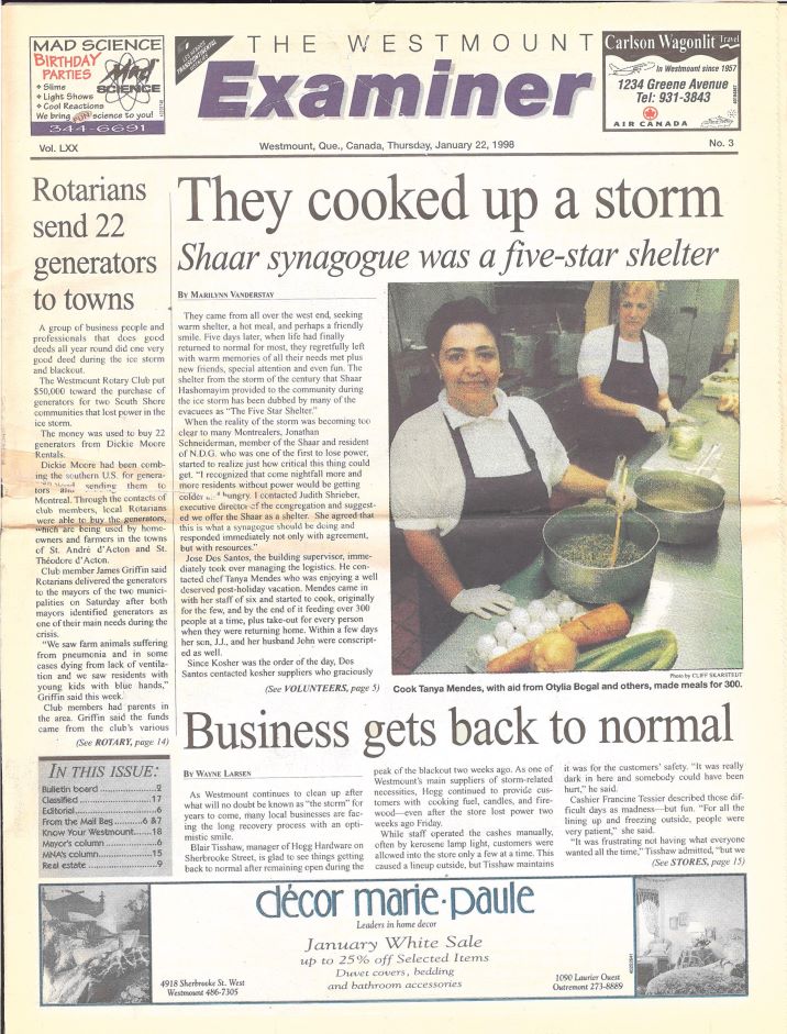 Un article de journal en anglais à propos de la réponse de la synagogue à la tempête de verglas en 1998.