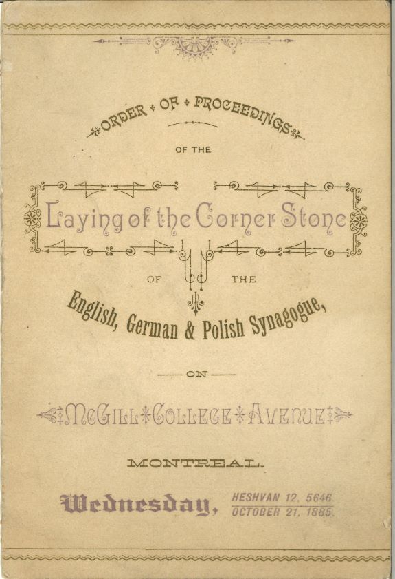 La première page du programme de la cérémonie de pose de la pierre angulaire du nouvel édifice de la synagogue dans l’avenue McGill College.