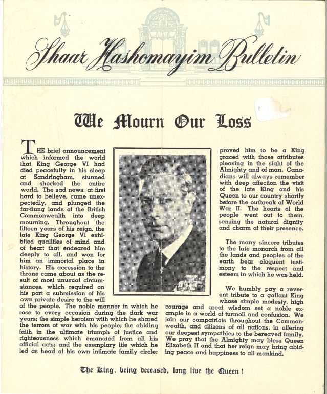 Le bulletin de la Shaar Hashomayim en anglais annonçant la mort du roi George VI. Une photo du roi George VI se trouve au centre.