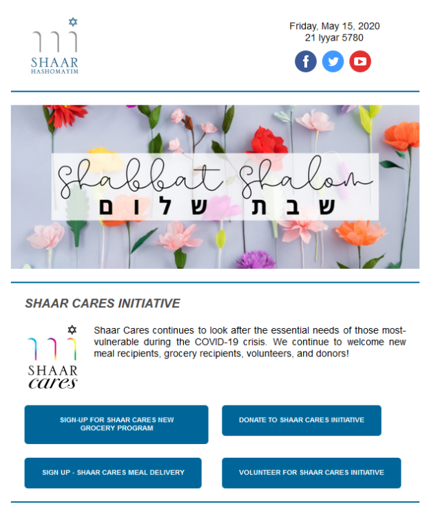 Extrait d’une infolettre de la synagogue en anglais qui comprend un dessin pour souhaiter un Shabbat Shalom, ainsi que des suggestions pour faire du bénévolat durant la pandémie covid-19.