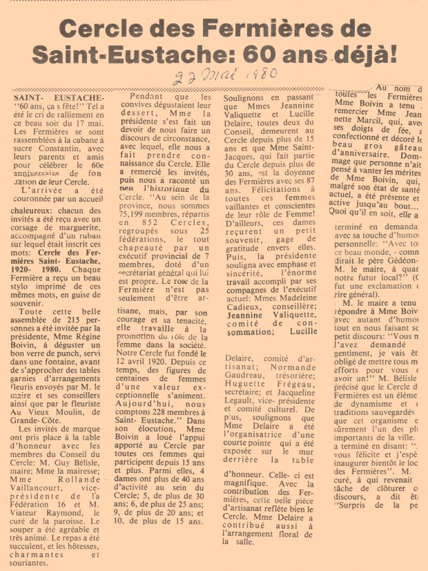 Reproduction d’un article de journal ayant pour titre : Cercle de Fermières de Saint-Eustache : 60 ans déjà.