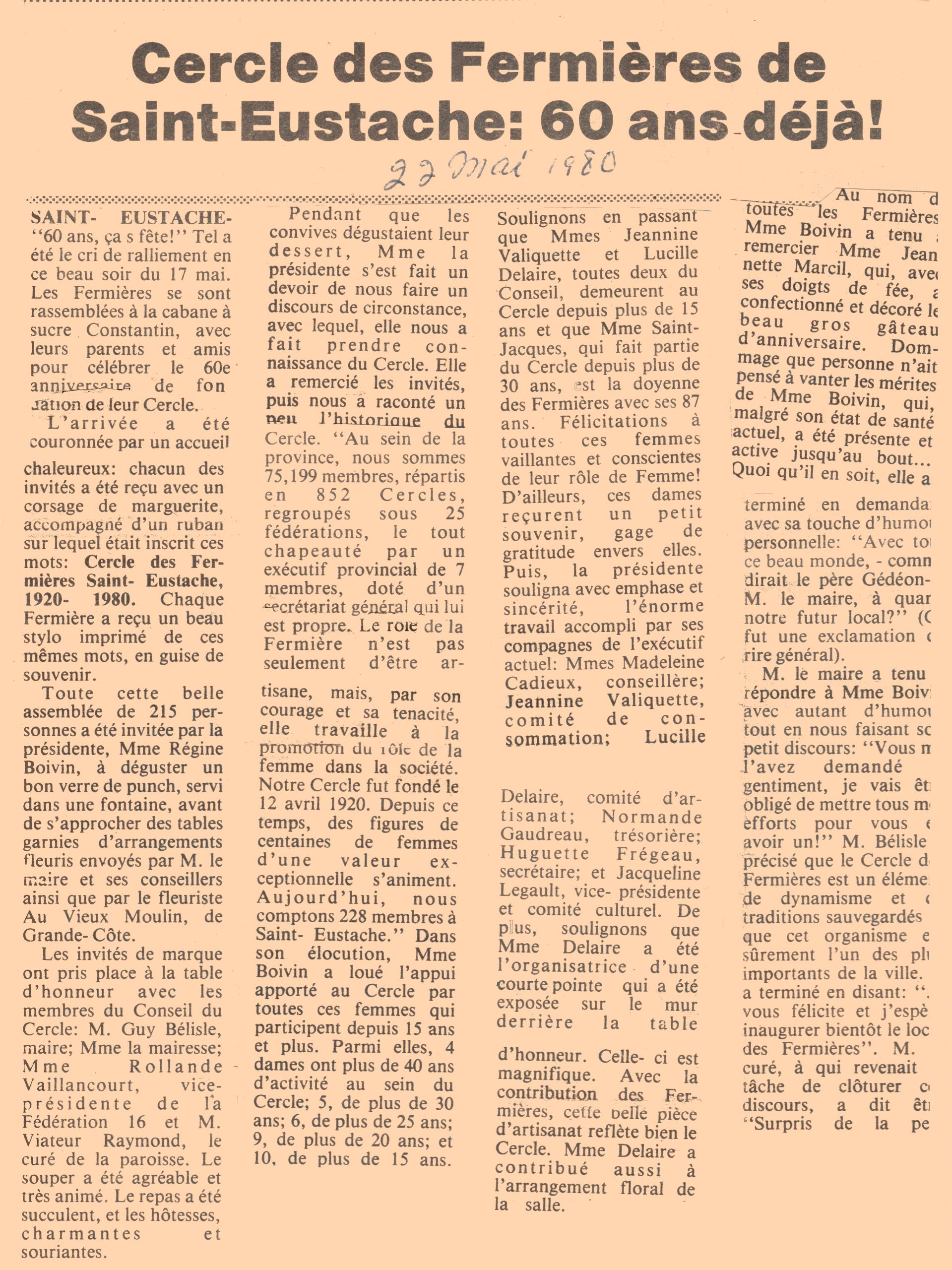 Reproduction d’un article de journal ayant pour titre : Cercle de Fermières de Saint-Eustache : 60 ans déjà.