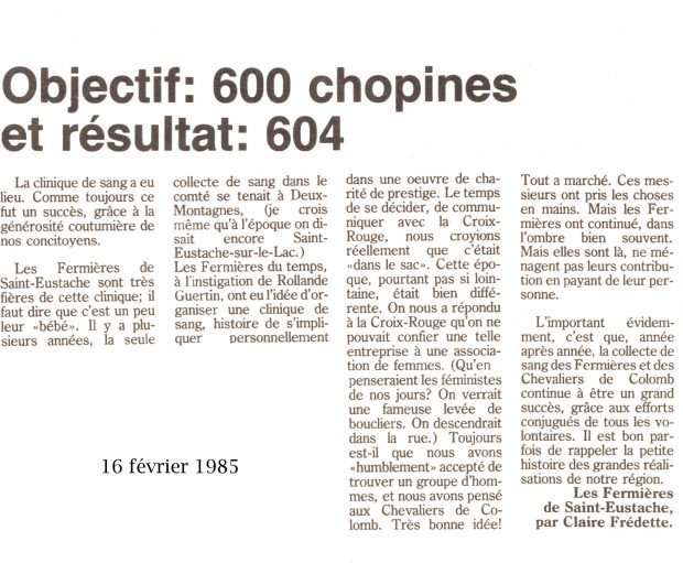 Reproduction d'un article de journal intitulé: Objectif: 600 chopines et résultat: 604
