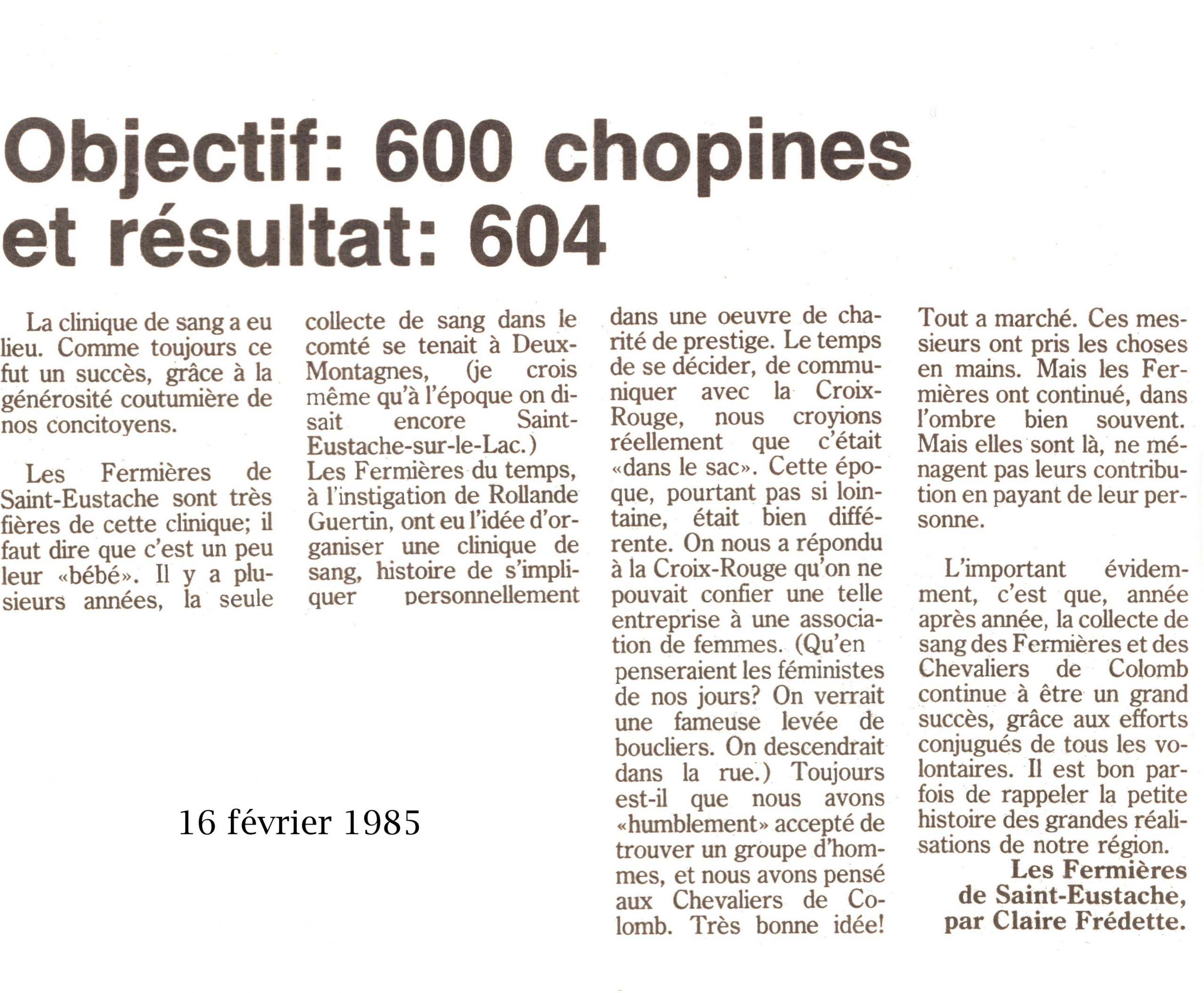 Reproduction d'un article de journal intitulé: "Objectif: 600 chopines et résultat: 604"