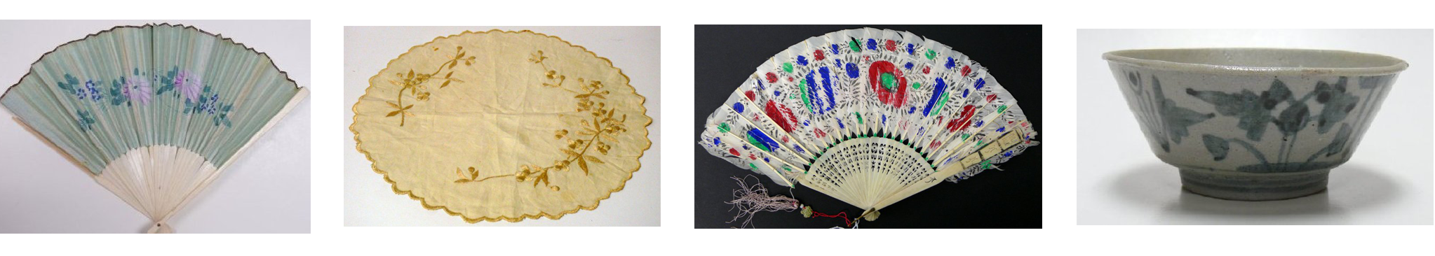 Quatre objets (éventails, nappe et bol de riz) provenant de la collection des Musée et archives de Chilliwack 