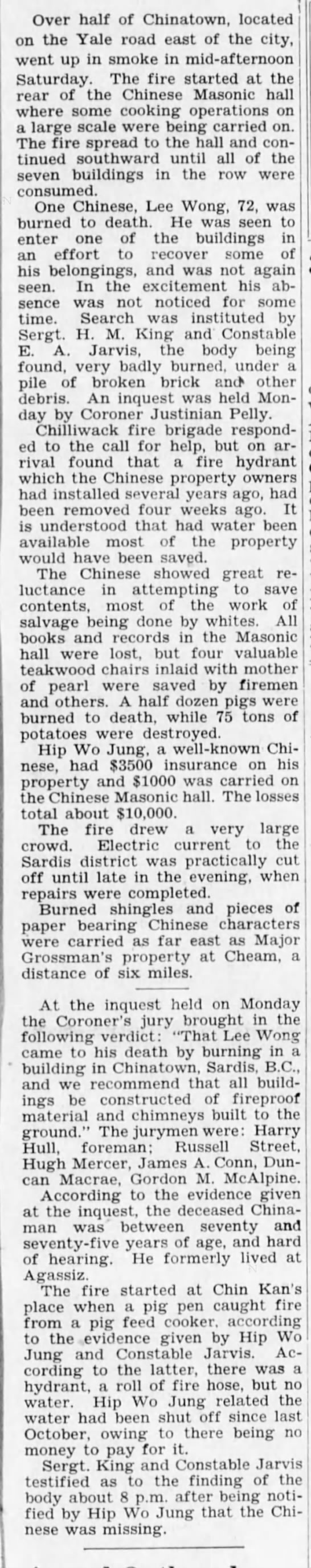 Article du «Chilliwack Progress» concernant l’incendie du quartier chinois en 1932