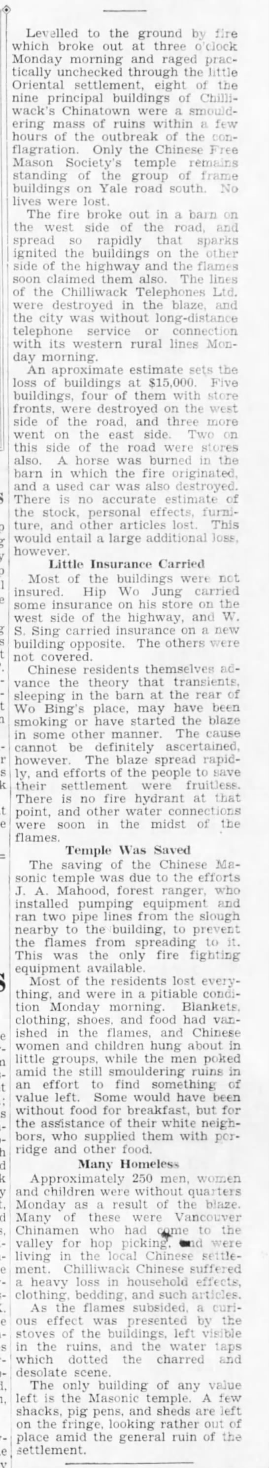 Article du «Chilliwack Progress» concernant l’incendie du quartier chinois en 1934 