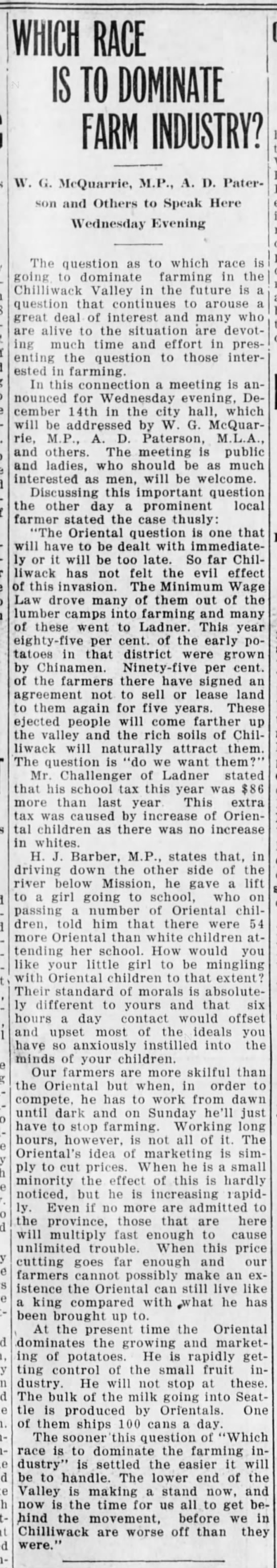 Article du «Chilliwack Progress» du 8 décembre 1927 