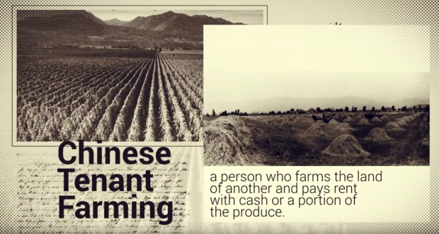 Plan fixe montrant des photographies en noir et blanc de champs et un texte bien en évidence indiquant ‘Les Chinois et le fermage’ suivi d’une définition du fermage 