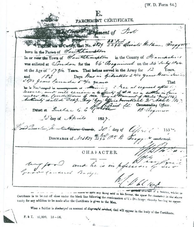 Certificat de parchemin noir et blanc pour William Treggett / dactylographié et écrit en cursive inclinée