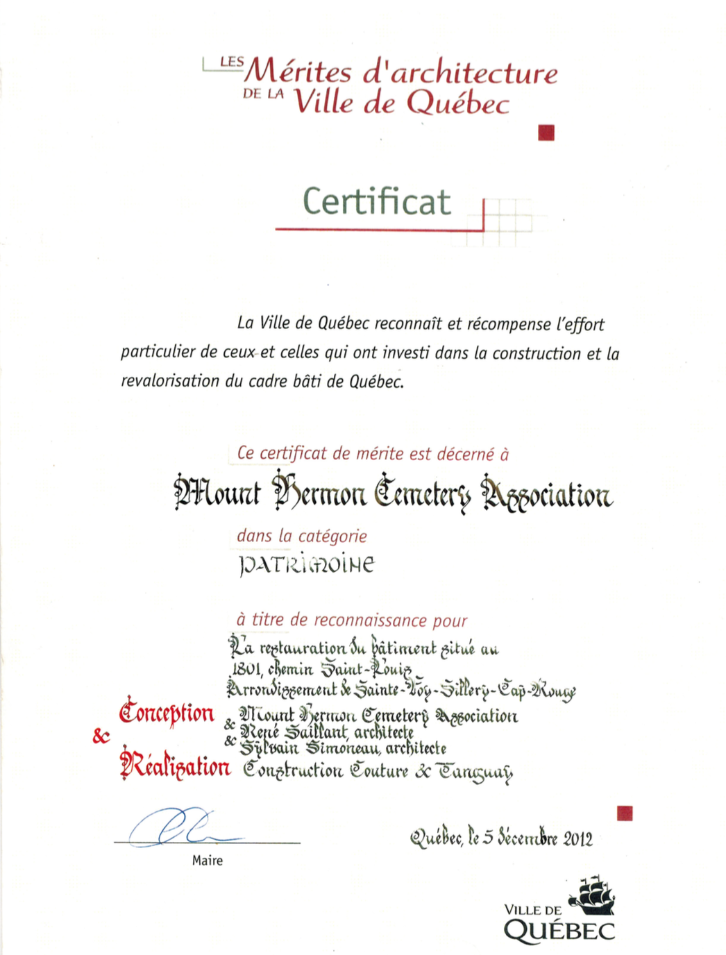 Certificat d'attribution de l'architecture
