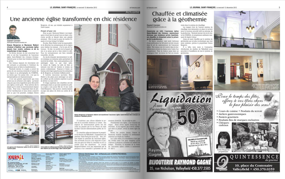 Deux pages d’un journal avec des photographies, un article intitulé: Une ancienne église transformée en chic résidence et des annonces publicitaires, cinq photographies de l’intérieur d’une église transformée en résidence privée, une photographie d’un couple devant une façade.