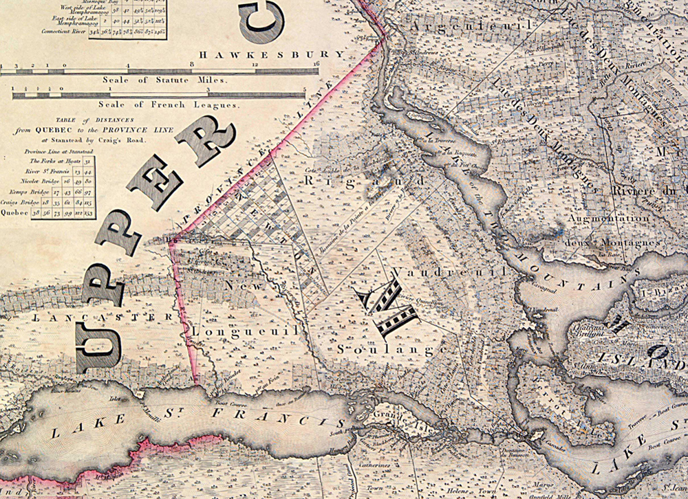Détail d’une carte topographique ancienne représentant les cinq seigneuries de Vaudreuil-Soulanges.