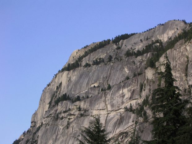 Un angle latéral de la falaise du mont Stawamus Chief et les fissures creusées dans la roche sont garnies d’arbres à feuilles persistantes qui zigzaguent à son versant. Au-dessus de la falaise s’étend un ciel d’un bleu profond.