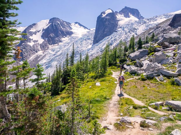 Une femme marche sur le sentier libre de toute neige et entouré d’herbe verte ainsi que d’arbres à feuilles persistantes, en direction d’un grand glacier et d’escarpements visibles au loin.