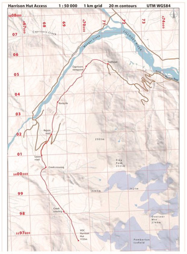 Carte quadrillée illustrant le nouveau sentier menant au refuge Harrison marqué en rouge.