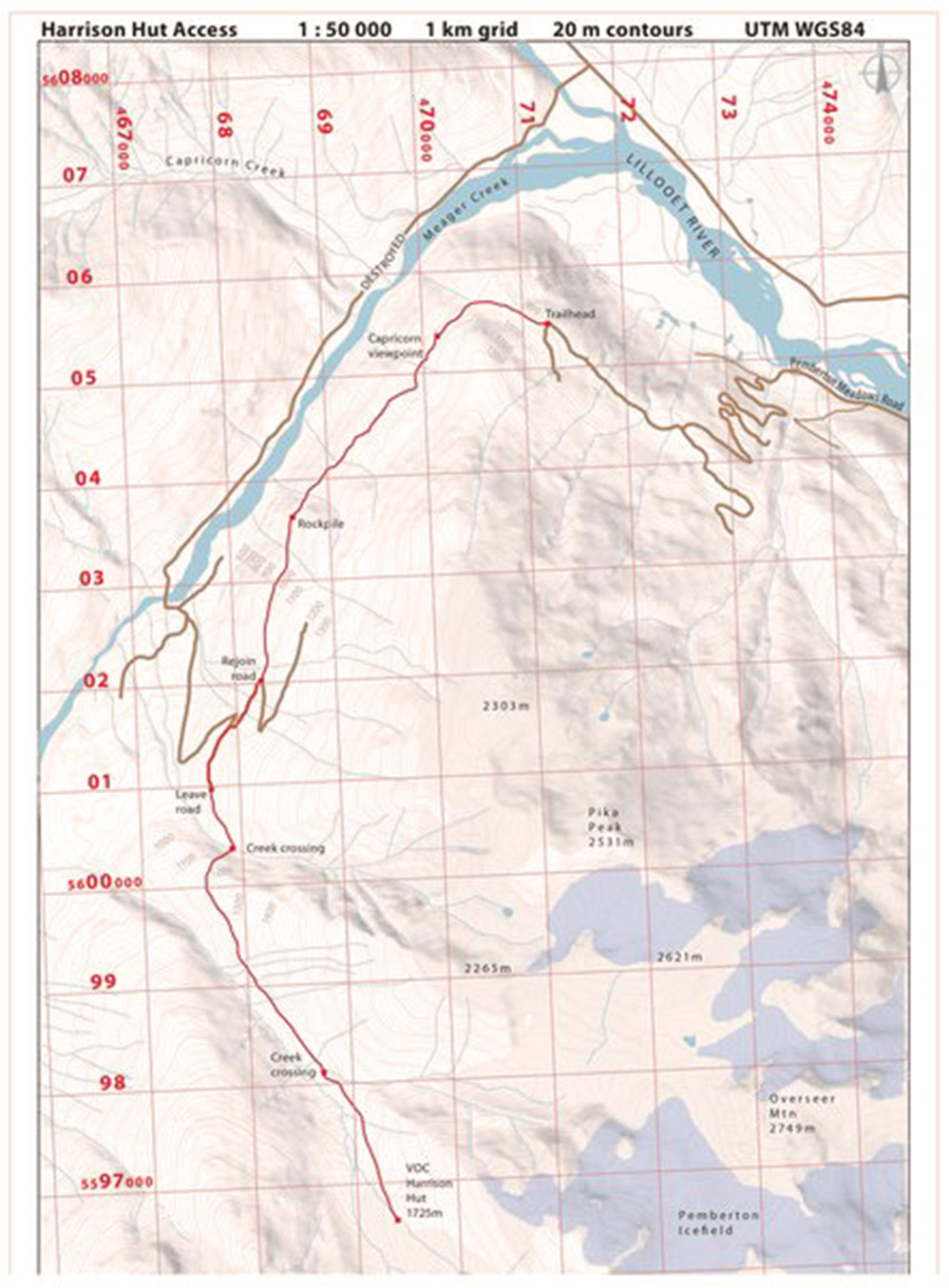 Carte quadrillée illustrant le nouveau sentier menant au refuge Harrison marqué en rouge.