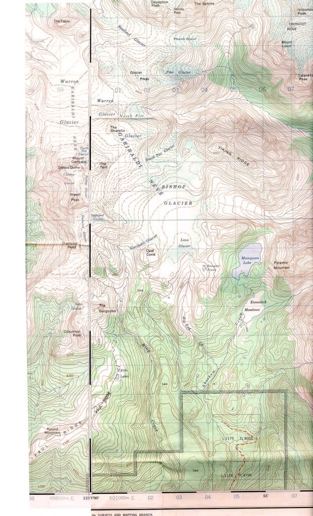 Carte topographique du névé Garibaldi illustrant les vallées, les glaciers et les variations de terrain.