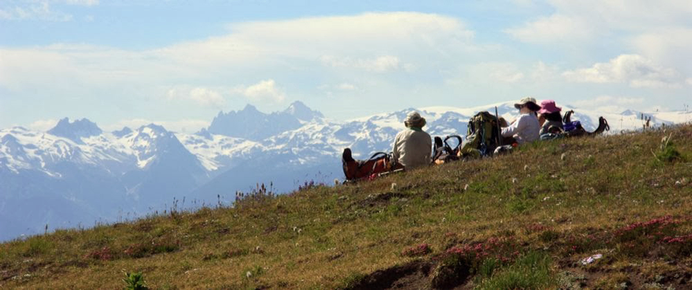Trois randonneurs assis près de leurs sacs à dos portant tous des chapeaux ont les yeux rivés sur des pics montagneux se dressant au loin face à eux. Lesdits pics sont recouverts de neige et des nuages planent au-dessus d’eux.
