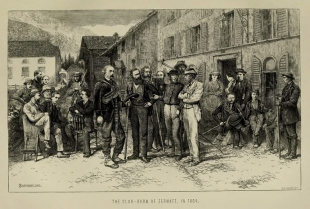 Le dessin illustre : à gauche, un groupe d’hommes assis; au centre, un groupe d’hommes se tenant sur leurs jambes et arborant des vêtements chics de l‘époque; et à droite, à proximité de l’entrée principale d’un édifice, un groupe d’hommes assis sur des tabourets et deux femmes se tenant debout en arrière-plan. Plusieurs hommes tiennent des piolets et portent des cordes sur leurs épaules.