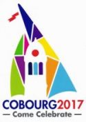 Le logo de la ville de Cobourg avec la coupole du Victoria Hall. L’arrière-plan consiste en une voile multicolore arborant les mots « Cobourg 2017 Come Celebrate », ou « COBOURG 2017, venez célébrer ».  