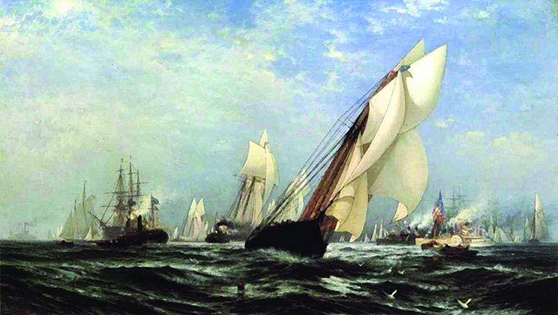Une aquarelle illustrant plusieurs grands voiliers naviguant à voiles déployées sur l’eau verte foncée et sous un ciel bleu partiellement nuageux.