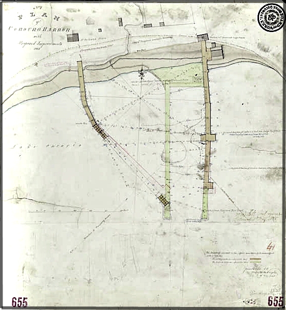 Un plan d’améliorations du port de Cobourg datant de 1835. Les ports Est et Ouest sont rallongés à tel point qu’ils se rejoignent presque, laissant aux navires une ouverture pour entrer dans le port. 