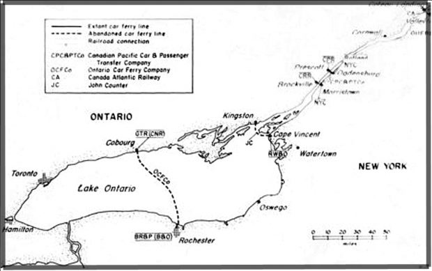 Une carte à grandes lignes illustrant le lac Ontario et le fleuve St-Laurent se rendant jusqu’à Corwnall. Une ligne pointillée représente la route empruntée par les transbordeurs de la Ontario Car Ferry Company entre Cobourg en Ontario et Rochester dans l’état de New York. 