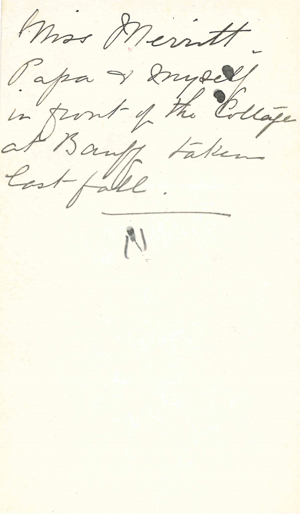 Écrit à la main au verso d’une photo de Belle, James et mademoiselle Merritt à Banff